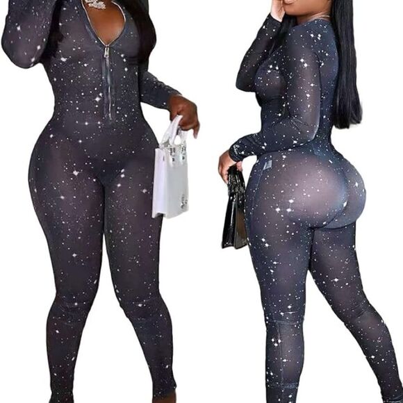 Recious One Blue Jumpsuit Long Sleeve V Neck Zipper Printed Mesh Size M - Picture 1 of 10